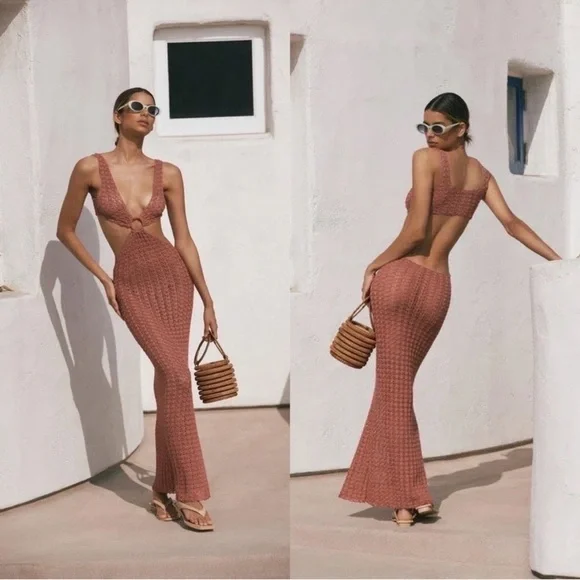 Cult Gaia Tyra Crochet Cutout Maxi Dress Sheer Beach Jaipur Pink XS NWT - Picture 11 of 11